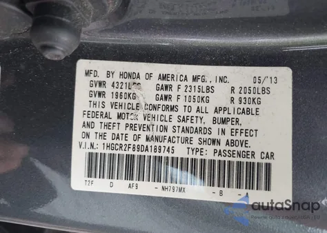 2013 Honda Accord Ex-L from USA, damaged, VIN 1HGCR2F89DA189745
